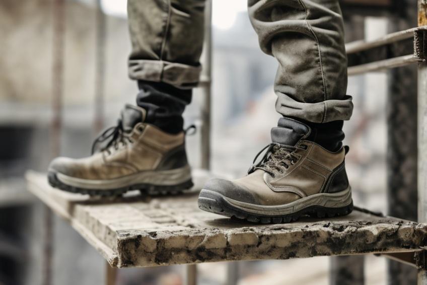Auf dem BIld sind Schuhe eines Bauarbeiter auf einem Gerüst zu sehen.
